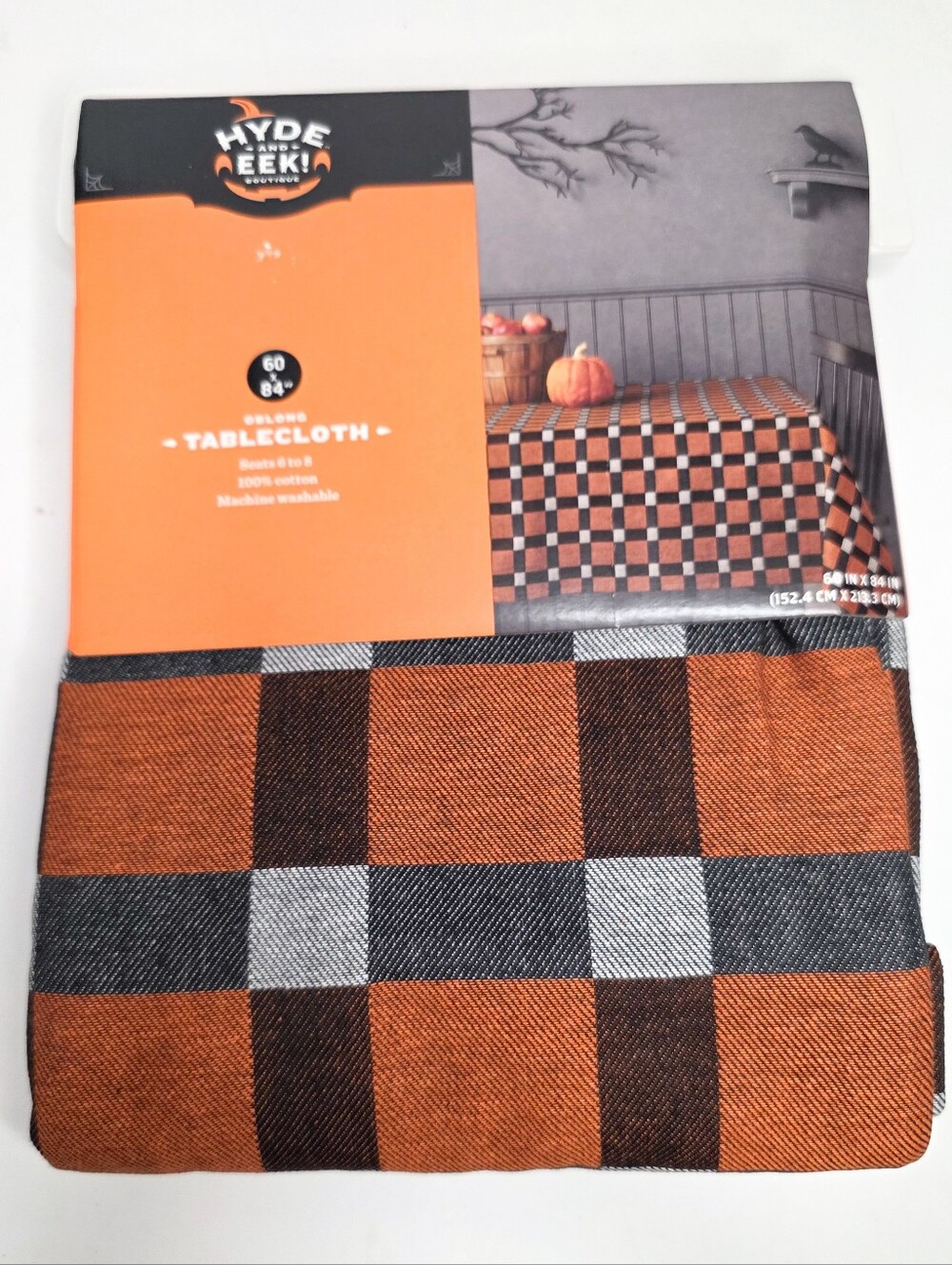 Halloween Tablecloth Oblong 60 × 84 Inches Orange & Black Buffalo Check Plaid